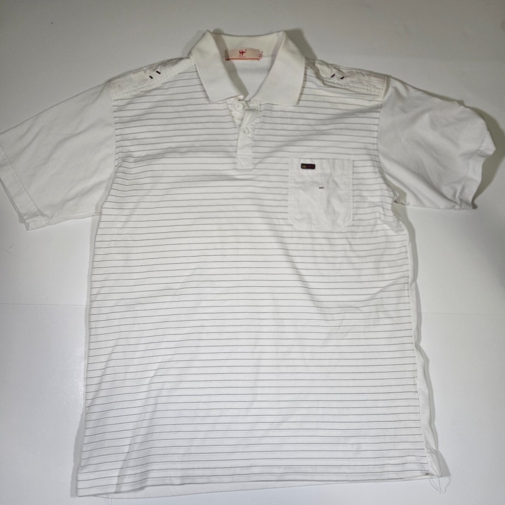 Sanne Polo Shirt Mens 52 White‎ Striped Classic Performance Pocket Short Sleeve